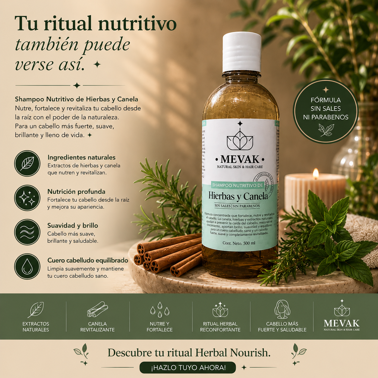Shampoo Nutritivo de Hierbas y Canela 500 ml